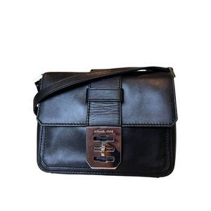 Michael Kors Mila Messenger Crossbody Black Leather Bag Silver Hardware